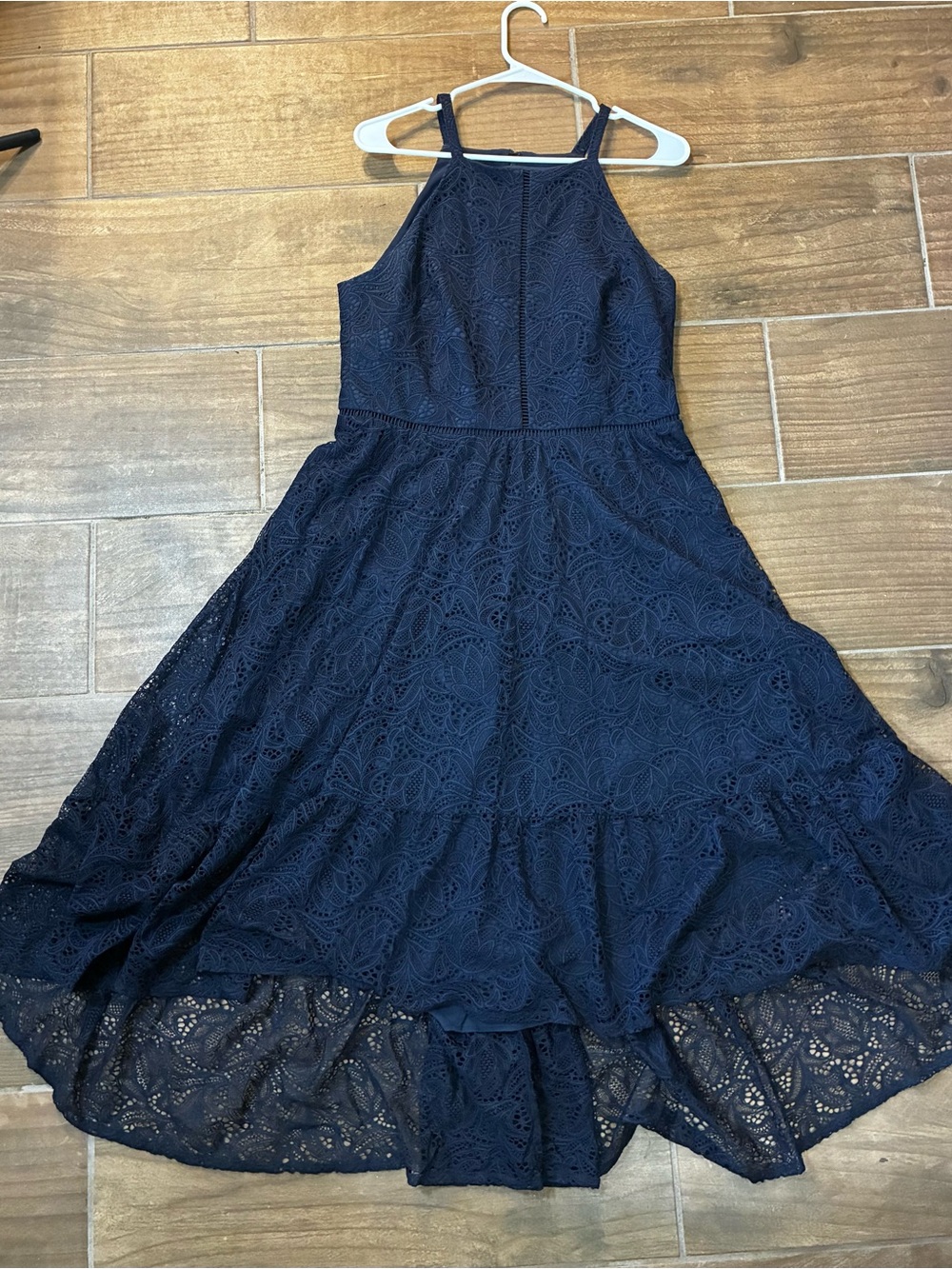 Vince Camuto Navy Lace High-Low Halter Dress